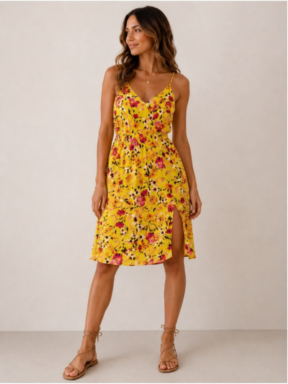 Socialite Yellow Floral V-Neck Midi Dress with Slit